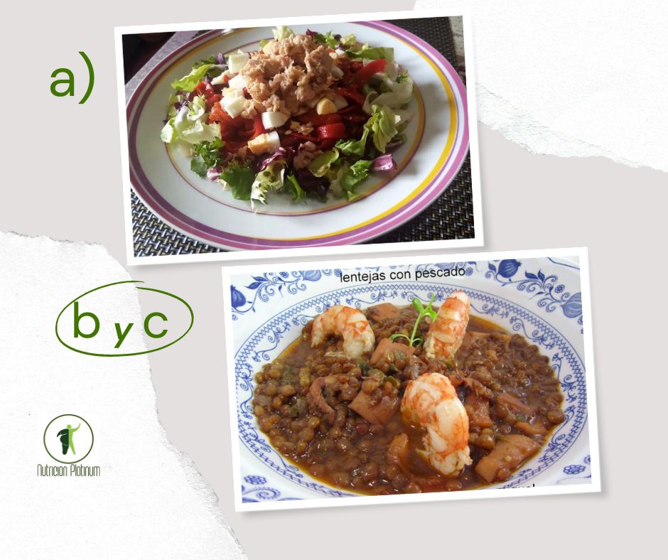 Ensalada de pimientos asados atún y huevo con lentejas con pescado y marisco